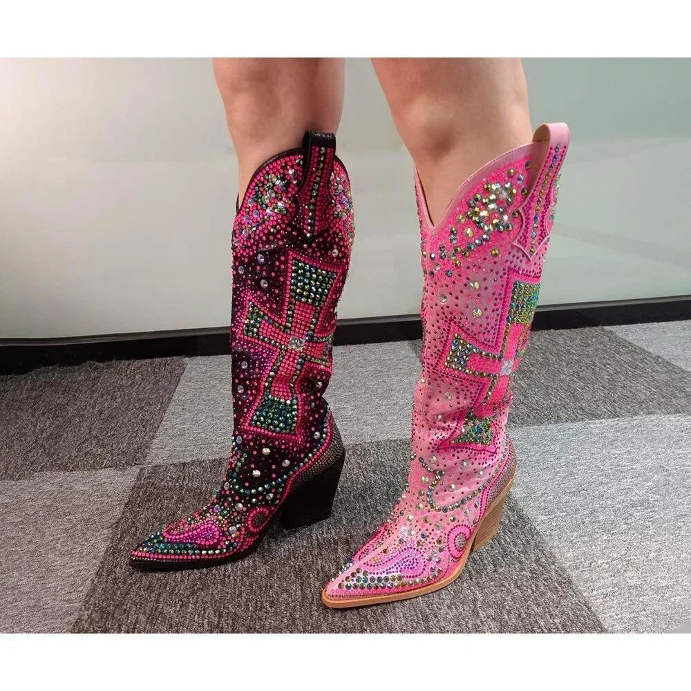 Women's Multi Black Fashion Rhinestone Cross Western Knee-High Cowboy Boots